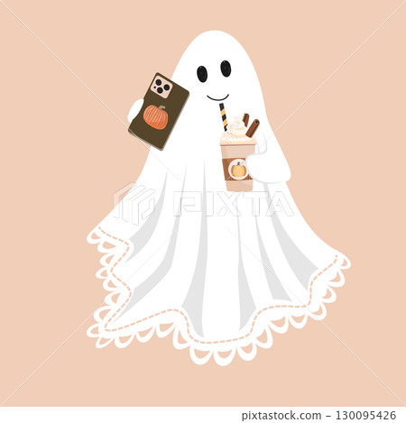Cute Ghost drinking pumpkin spice latte from paper cup and taking selfie. Halloween character design element 130095426