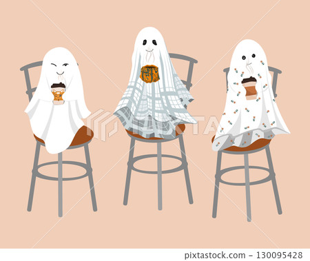 Funny cute sheet ghosts sitting on the tables with a hot drink. Sheet ghost holding a mugs. Halloween design element, isolated vector illustration 130095428