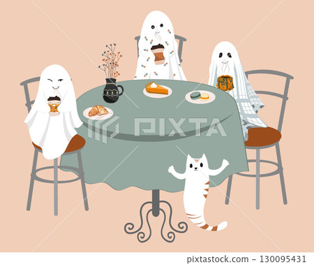 Halloween ghosts meeting vector illustration. Cute sheet ghosts sitting at the table and drinking tea with pumpkin pie. Halloween celebration scene for cards. 130095431