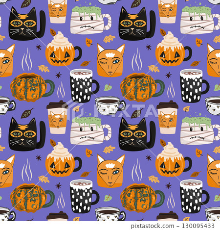 Seamless pattern with cute Halloween mugs. Vector autumn background. 130095433