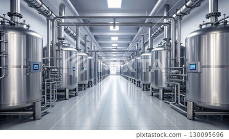 Industrial facility showcasing advanced machinery and equipment in a spacious corridor lined  130095696