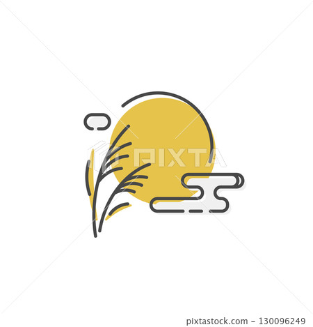 Full moon and silver grass icon. Autumn moon viewing (line drawing, vector) 130096249
