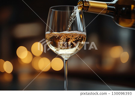 Celebration aesthetic. Wine Glass with white wine and a bottle of wine. Mockup for wine industry branding. Celebration aesthetic. Wine Glass with white wine and a bottle of wine. Mockup for wine industry branding. 130096393