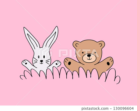 Cute cartoon teddy bear and bunny handdrawn. Vector illustration trend design for t shirt printing, graphic design, kids wear, girls clothes, poster 130096604