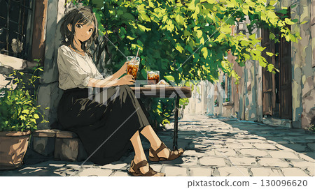 A woman relaxing in a cafe surrounded by greenery A woman relaxing in a cafe surrounded by greenery 130096620
