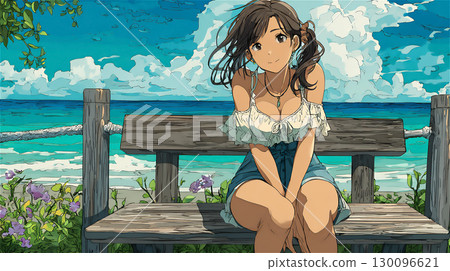 一位女士坐在海邊長椅上的插圖 130096621
