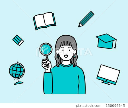 Illustration of a woman holding a magnifying glass 130096645