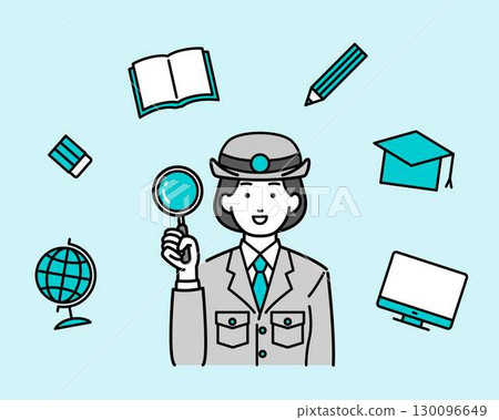 Illustration of a female police officer holding a magnifying glass 130096649