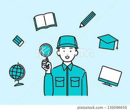 Illustration of a man wearing work clothes holding a magnifying glass Illustration of a man wearing work clothes holding a magnifying glass 130096650