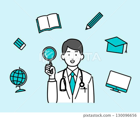 Illustration of a male doctor holding a magnifying glass 130096656