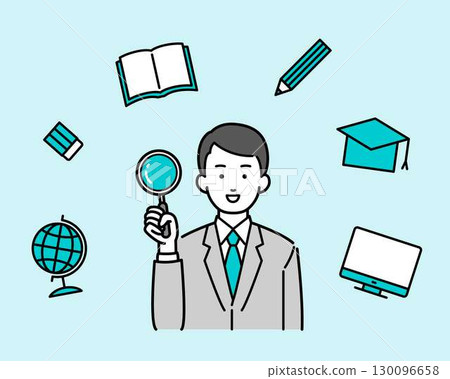 Businessman illustration with a magnifying glass Businessman illustration with a magnifying glass 130096658