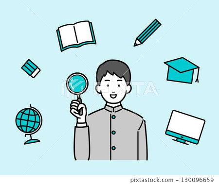 Illustration of a male student holding a magnifying glass Illustration of a male student holding a magnifying glass 130096659