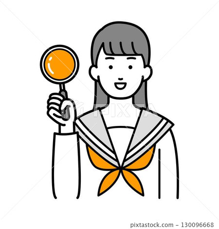 Illustration of a female student holding a magnifying glass 130096668