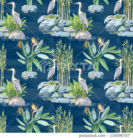 Asian-inspired landscape with herons, tropical plants, stones, and water. Watercolor seamless pattern on blue. Perfect for botanical designs, exotic wallpaper, textile, nature themes, zen-style Asian-inspired landscape with herons, tropical plants, stones, and water. Watercolor seamless pattern on blue. Perfect for botanical designs, exotic wallpaper, textile, nature themes, zen-style 130096707