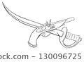 Cutlass and flintlock pistol. Pirate weapons. Vector sketch of Corsair's broadsword and firearms. Linear drawing on white background. 130096725