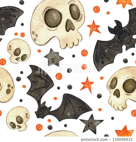 Seamless pattern with black bats and skulls. Halloween holiday. Watercolor illustration hand drawn. Drawing for paper, textile, invitations. animal, night, october, holiday, halloween 130096832
