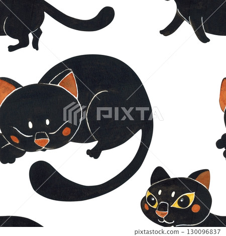 Seamless pattern of different black cats. Halloween holiday. Watercolor illustration hand drawn. Drawing for paper, textile, invitations. Cat, night, October 130096837