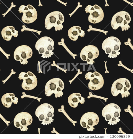 Seamless pattern of skulls and bones on a dark background. Watercolor hand drawn illustration, cartoon. Design for stickers, scrapbooking, cards. holiday, day of the dead, halloween, skull, skeleton Seamless pattern of skulls and bones on a dark background. Watercolor hand drawn illustration, cartoon. Design for stickers, scrapbooking, cards. holiday, day of the dead, halloween, skull, skeleton 130096839