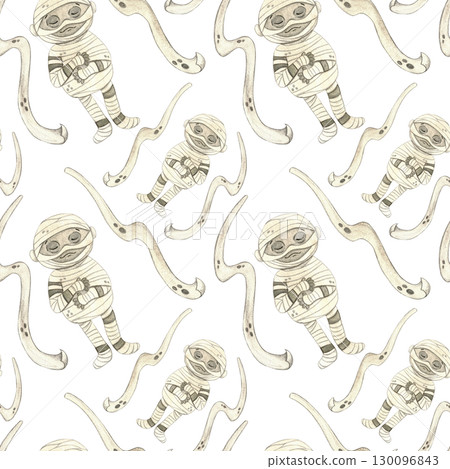 Seamless pattern with mummies among flying bandages for Halloween holiday. Watercolor hand drawn cartoon illustration. Drawing for textile, for paper, cards and invitations. Holiday, decoration, mummy Seamless pattern with mummies among flying bandages for Halloween holiday. Watercolor hand drawn cartoon illustration. Drawing for textile, for paper, cards and invitations. Holiday, decoration, mummy 130096843