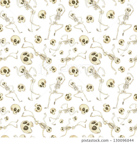 Seamless pattern with skeletons and skulls for Halloween. Watercolor illustration hand drawn cartoon. Drawing for textile, for paper, cards and invitations. Holiday, decoration, skeleton, skull Seamless pattern with skeletons and skulls for Halloween. Watercolor illustration hand drawn cartoon. Drawing for textile, for paper, cards and invitations. Holiday, decoration, skeleton, skull 130096844