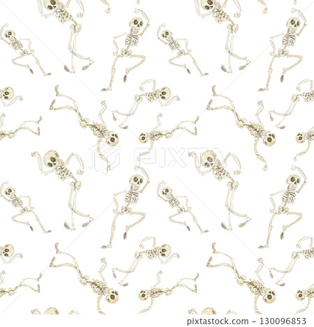 Seamless pattern with dancing skeletons for Halloween. Watercolor illustration hand drawn cartoon. Drawing for textile, for paper, cards and invitations. Holiday, decoration, skeleton 130096853