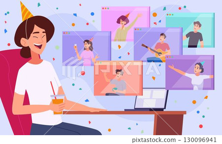 Online party. People celebrate and have online interactions exact vector cartoon background Online party. People celebrate and have online interactions exact vector cartoon background 130096941
