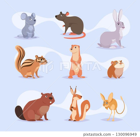 Rodents. Cartoon animals eating standing sitting rat mouse hamster exact vector mascots in action poses 130096949