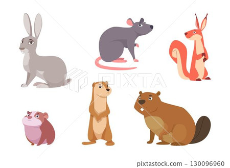 Rodents. Mouse rat hamster cartoon rodents animal in action poses exact vector collection set 130096960