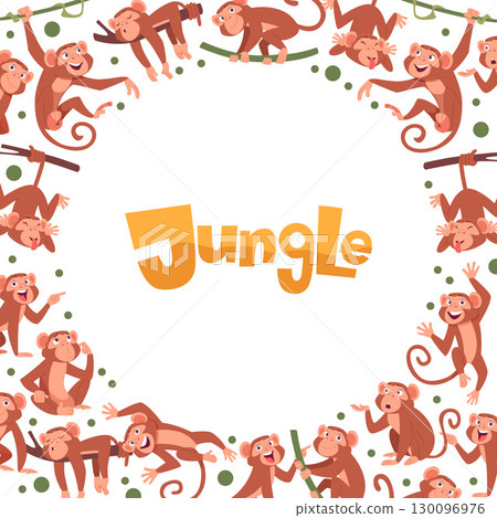 Monkey. cartoon wild animals in jungle. circle form background with place for personal text Monkey. cartoon wild animals in jungle. circle form background with place for personal text 130096976