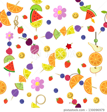 Canape pattern. thin sticks for different tasty snacks products fruits. vector seamless background Canape pattern. thin sticks for different tasty snacks products fruits. vector seamless background 130096979