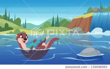 Otter. Wild animal otter fishing in river or lake exact vector outdoor cartoon background 130096983