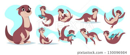 Otter animal. Funny cartoon otter swimming in river exact vector otter in action pose Otter animal. Funny cartoon otter swimming in river exact vector otter in action pose 130096984