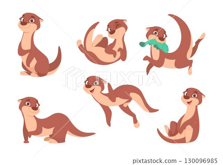 Otter. Cute cartoon wild animal otter in different action poses jumping sitting swimming exact vector character have fun 130096985