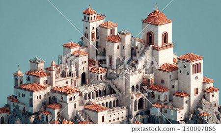 中世紀建築圖像,簡單的 3D 插圖 中世紀建築圖像,簡單的 3D 插圖 130097066