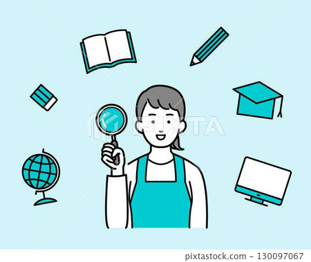 一位穿著圍裙、手持放大鏡的女士的插圖 一位穿著圍裙、手持放大鏡的女士的插圖 130097067