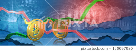bullish turkish lira vs bearish british pound. foreign exchange market of gbp to try 3d illustration. currency represented as golden coins 130097080