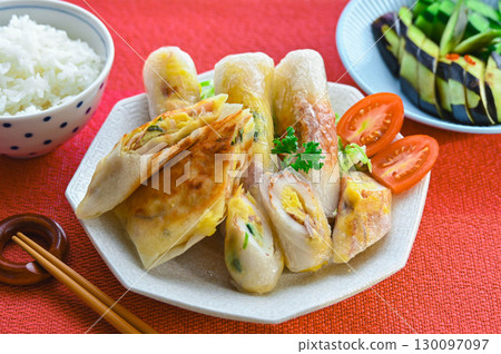 Potato salad and chikuwa spring rolls and potato salad spring rolls Potato salad and chikuwa spring rolls and potato salad spring rolls 130097097