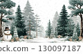 Winter landscape forest with fir trees and snowman under pine trees, watercolor illustration 130097187