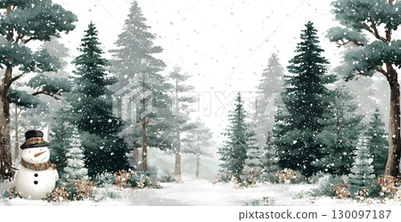 Winter landscape forest with fir trees and snowman under pine trees, watercolor illustration 130097187