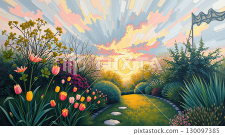 Dreamy fairy tale garden in colorful painting. 130097385