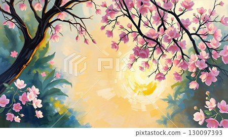Romantic fantasy landscape with blooming garden. 130097393