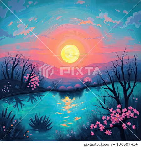 Whimsical painted landscape of enchanted garden. 130097414