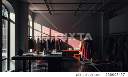 Dress forms placed in sewing workspace. 130097437