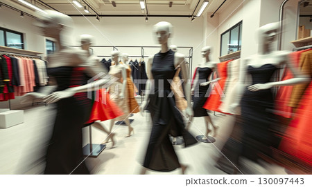 Sewing room with multiple mannequin stands. 130097443
