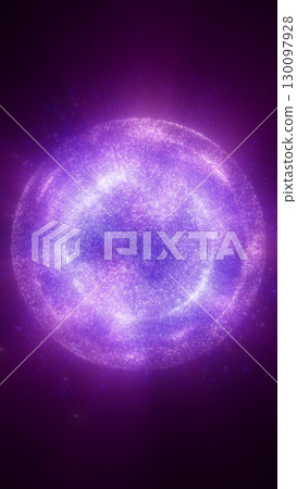 Sparkling purple cosmic sphere with shimmering particles radiating outward, representing a luminous celestial object in space Sparkling purple cosmic sphere with shimmering particles radiating outward, representing a luminous celestial object in space 130097928
