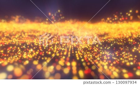 Abstract glowing field of golden-orange light particles forming dynamic waves over a dark background Abstract glowing field of golden-orange light particles forming dynamic waves over a dark background 130097934