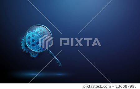 3d magnifying glass with mechanical gears inside. Quality control, AI algorithm testing, model monitoring, process automation, accountability concept. 3d magnifying glass with mechanical gears inside. Quality control, AI algorithm testing, model monitoring, process automation, accountability concept. 130097983