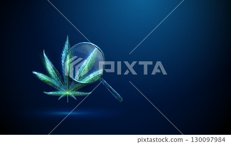 3d green cannabis leaf and magnifying glass. Pharmacology, cannabinoid research, alternative medicine, drug development, biotechnology, cbd products, hemp industry concept. 130097984