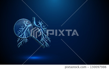 3d blue human bronchial tree under magnifying glass. Respiratory system, airway analysis, diagnostic testing, medical examination concept. 130097986