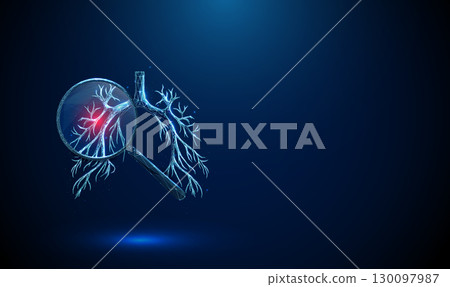 Lungs with magnifying glass with red spot inside. Pulmonary inflammation, infection detection, diagnostic testing, medical analysis concept. 130097987